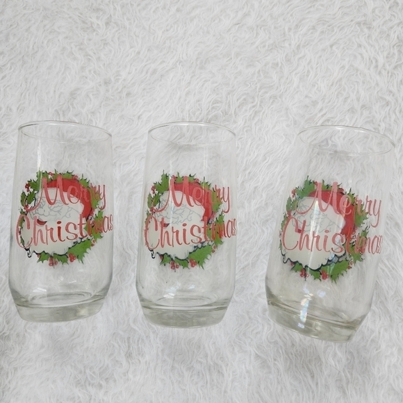 Vintage Merry Christmas Santa 12oz High Ball Glasses Set Of 3 - Picture 3 of 4